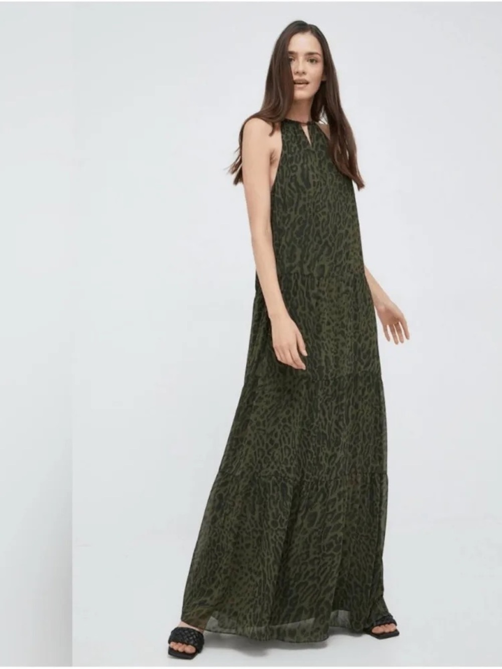 Ralph Lauren Olive Green Halter Maxi Dress NWT Ocelot print - Size 6 - Picture 2 of 10